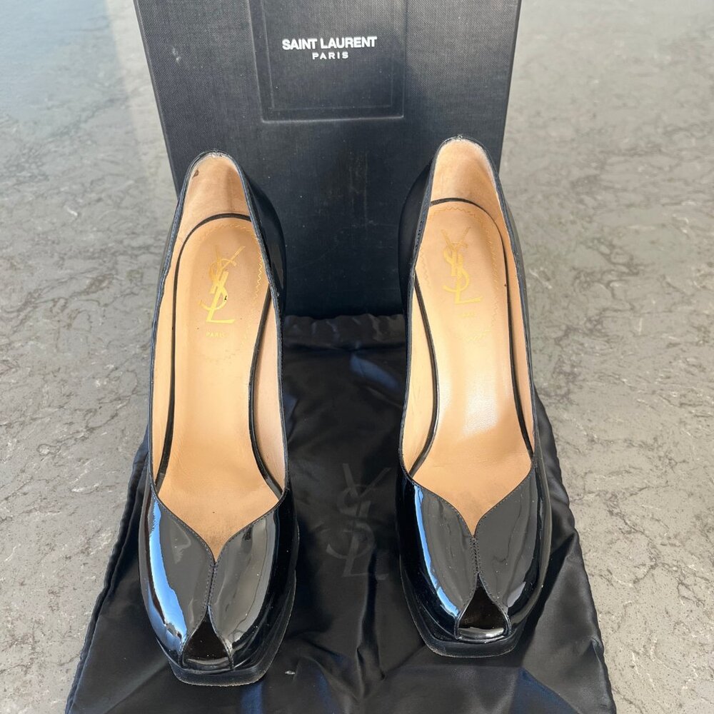 Yves Saint Laurent (YSL) Tribute black patent leather platform peep-toe heels